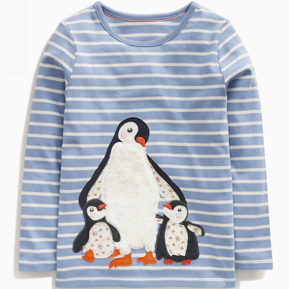 NWT 9-10 Mini Boden Penguin Embroidered Long Sleeved Striped Shirt Embroidery